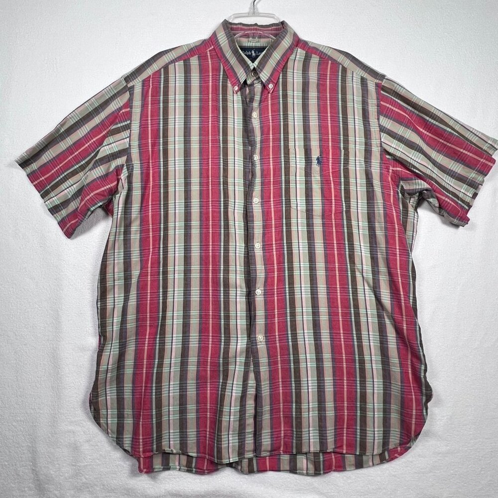 VTG Ralph Lauren MCMEEL Mens XL Button Up Red Gray Short‎ Slv Dress Shirt w/Pony